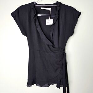 ZARA Trafaluc Collection Ruffled Black Wrap Waist Blouse, Cap Sleeves, XS